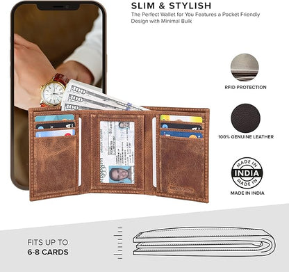 Tri fold Leather Wallet for Men with RFID | Slim Wallets for Men with 1 ID and 6 Credit card slots | Front Pocket Minimalist