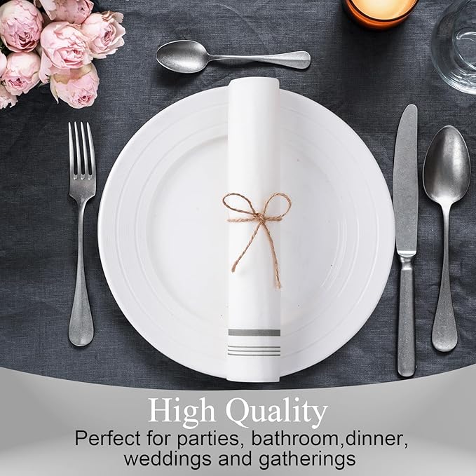 50 Linen Feel Paper Hand Towels for Bathroom, Disposable Guest Towels, Soft and Absorbent Paper Towels Napkins Bulk for Home Dinner Kitchen Wedding Graduation, 12" x 17"(Silver Trim Lined)