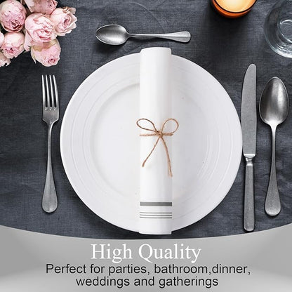 50 Linen Feel Paper Hand Towels for Bathroom, Disposable Guest Towels, Soft and Absorbent Paper Towels Napkins Bulk for Home Dinner Kitchen Wedding Graduation, 12" x 17"(Silver Trim Lined)