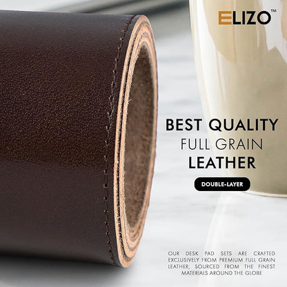 Elizo Leather Desk Mat Desk Pad Blotter Set - Real Full-Grain Leather (32x16) 2-Layer Genuine Desk Cover Protector & Large Mouse Pad, Computer Keyboard Desk Accessories for Office & Home