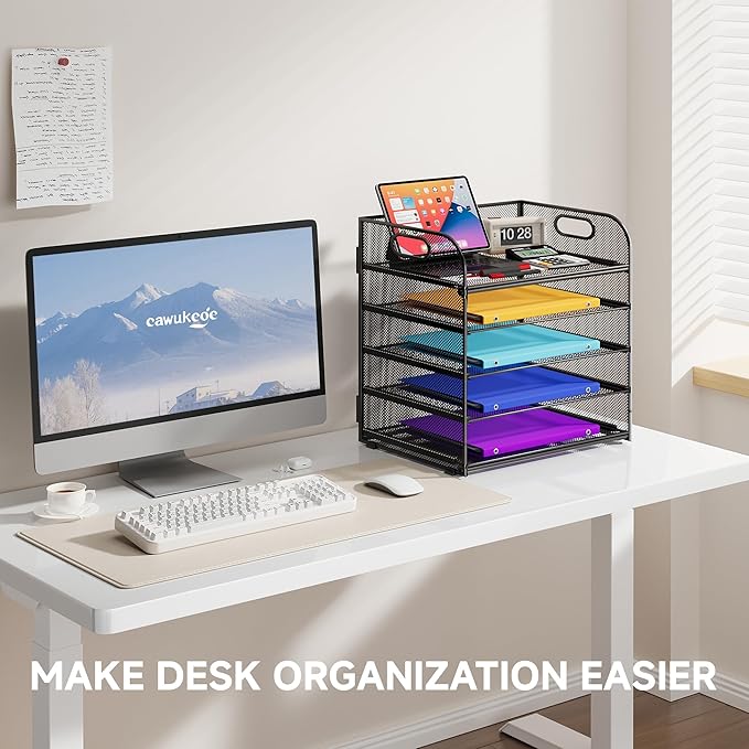 5 Tier Paper Organizer with Handle, Metal Mesh Desk Organizer File Folder Paper Letter Tray Desktop Document Sorter for Classroom, School, Office Accessories Organization and Storage - Black