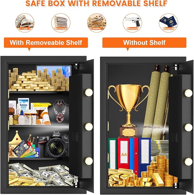 23.62'' Tall Safe Box, 5.0 Cuft Home Safety Box with A4 Fireproof Waterproof Bag, Anti-Theft Security Document Safe with Combination Lock & 3 Removable Shelves, Large Safes for Home Cash Medicines