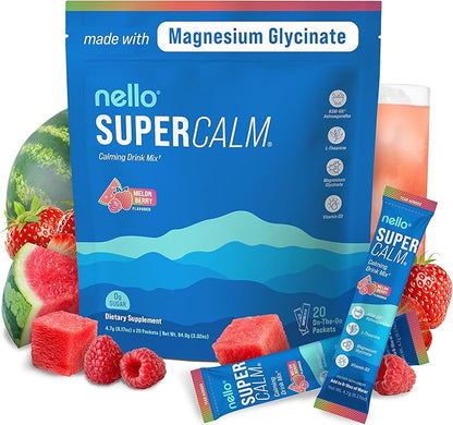 Nello Supercalm Powdered Drink Mix, Cortisol Reducer* and Sleep Aid Supplement, L Theanine, Ksm-66 Ashwagandha, Magnesium Glycinate, Vitamin D 3, No Sugar, Non GMO, On The Go, 20 Ct, Melon Berry