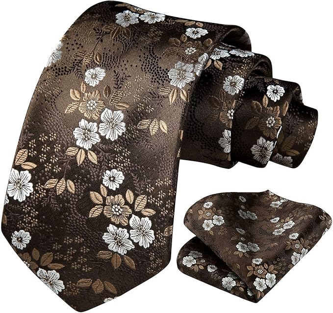 HISDERN Men Floral Ties Woven Classic 3.4" Necktie Set Formal Tie Pocket Square for Wedding with Handkerchief Gift Box