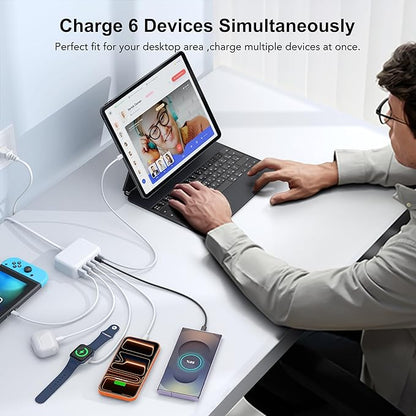 [2026 Updated] USB C Fast Charger, 100W GaN 6 Port Type C Charging Station Hub Block Cube, USB C Wall Charger Power Strip Adapter Plug for iPad iPhone 17 16 15 14 Pro Max Pixel Note Galaxy, 5ft Cord