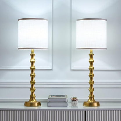 Gold Table Lamp Set of 2 Metal Bamboo Shape Base 29" Rustic Buffet Lamp with Linen White Shade Tall Nightstand Lamps Bedside Nightlights for Living Room Bedroom Guest Room
