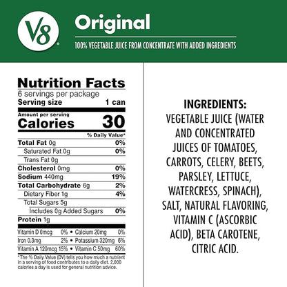V8 Original 100% Vegetable Juice, 5.5 fl oz Can (6 Pack)