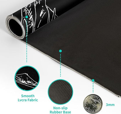 Japanese Sea Wave Gaming Mouse Pad 27.6x11.8 Inch Anime Black Large Mousepad Extended Kanagawa Mousepad Gaming Non-Slip Rubber Base Stitched Edges Keyboard Mouse Mat Desk Pad for Office Home Game