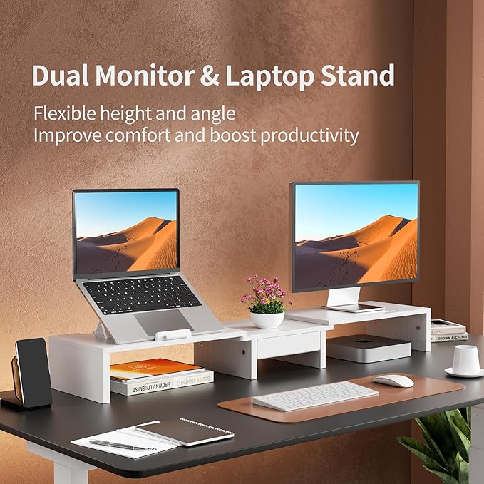 Dual Monitor Stand Riser - Computer Monitor Stand for 2 Monitors，Office Desktop Organizer，Adjustable Length and Angle 3 Shelf with Storage Drawer Phone Holder for Monitors and Laptops-White