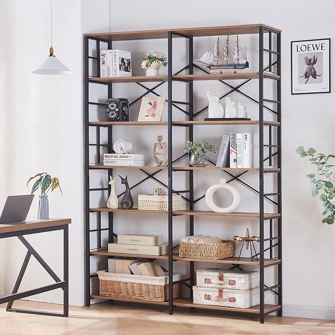 HOMISSUE Bookshelf, Industrial Double Wide 7-Tier Bookshelves, 84" Tall Bookcase with Open Shelves, Heavy Duty Bookcases with Storage for Living Room Home Office, Rustic Brown
