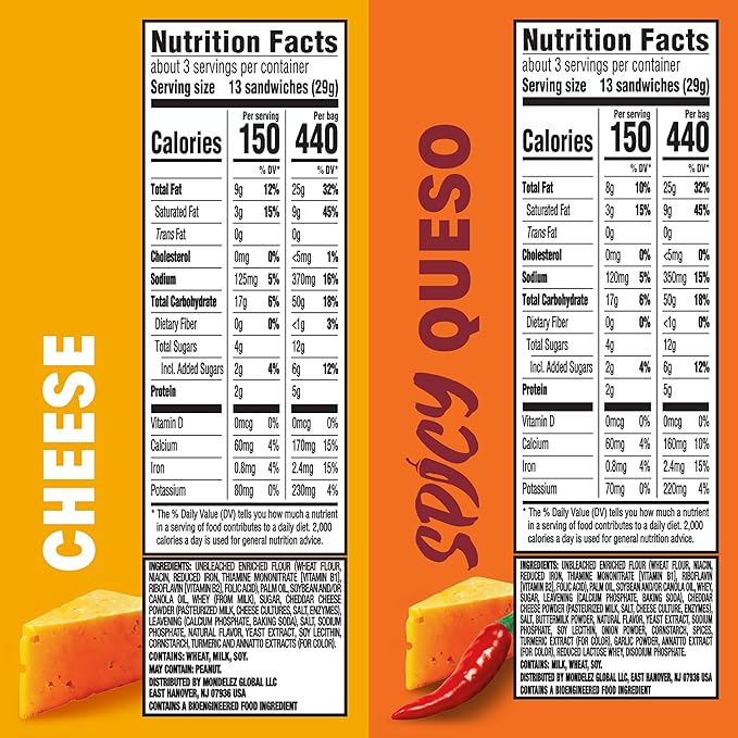 RITZ Bits Cheese and Spicy Queso Cheese Sandwich Crackers Variety Pack, Snacks for Kids and Adults, Lunch Snacks, 12-3 oz Bags