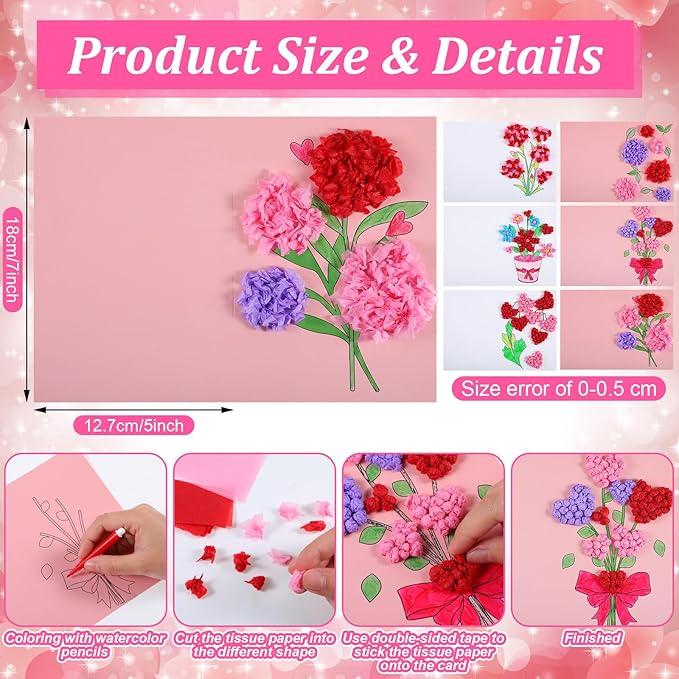 Motipuns 24 Sets Valentine's Day Card Making Kits DIY Valentine Tissue Paper Rose Craft Make Your Own Greeting Card Making Kit Flower Craft for Home Valentines Exchange Gift Party Activities