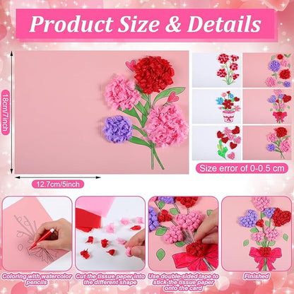 Motipuns 24 Sets Valentine's Day Card Making Kits DIY Valentine Tissue Paper Rose Craft Make Your Own Greeting Card Making Kit Flower Craft for Home Valentines Exchange Gift Party Activities