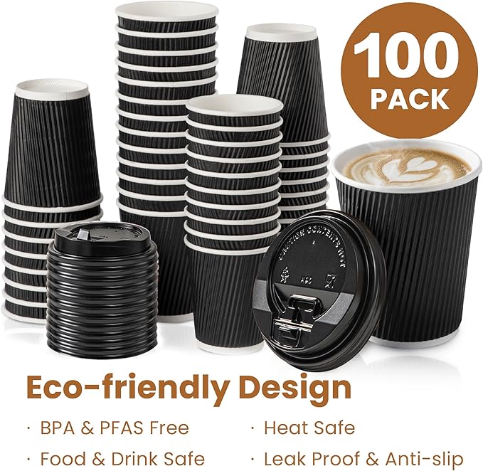 Fit Meal Prep 100 Pack 12 oz Black Disposable Coffee Cups with Lids & Stirrers, Corrugated Triple Wall To Go Hot Cups, Insulated Paper Coffee Cups for Hot Beverages, Travel, Home, Office (Black Lids)