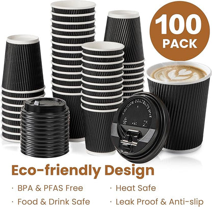 Fit Meal Prep 100 Pack 12 oz Black Disposable Coffee Cups with Lids & Stirrers, Corrugated Triple Wall To Go Hot Cups, Insulated Paper Coffee Cups for Hot Beverages, Travel, Home, Office (Black Lids)