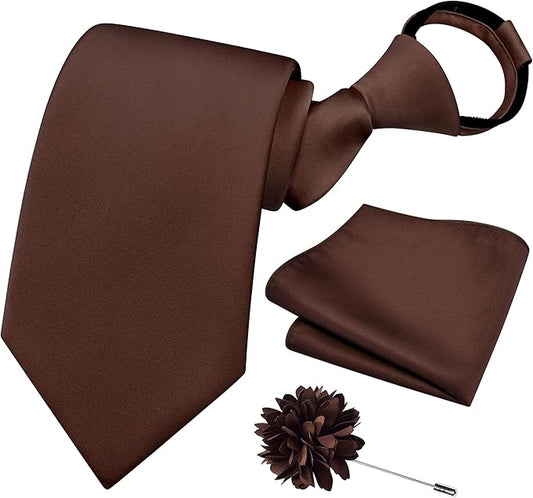 Branduce 3.15"（8cm） Pre-tied Adjustable Zipper Tie and Lapel Pin Solid Necktie Handkerchief Set for Men