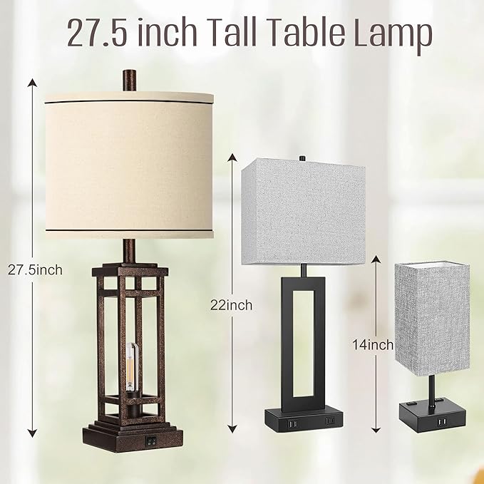 ROTTOGOON 27.5 Tall Farmhouse Table Lamp with USB C + USB A Charge Ports, Rustic Living Room Lamp, Black Industrial End Table Lamp for Bedroom Living Room Nightstand (Bronze)