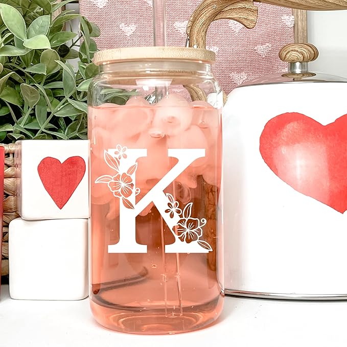 Personalized Tumbler, Monogrammed Can Glass Cups with Bamboo Lids and Straws, Customized Gifts for Women, Cute Design Initial Iced Coffee glasses, Custom Letter Mug, Birthday Bridesmaid, Z