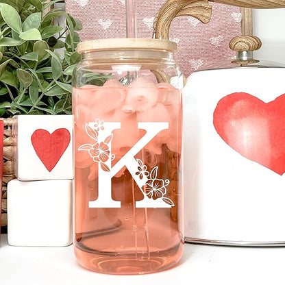 Personalized Tumbler, Monogrammed Can Glass Cups with Bamboo Lids and Straws, Customized Gifts for Women, Cute Design Initial Iced Coffee glasses, Custom Letter Mug, Birthday Bridesmaid, Z