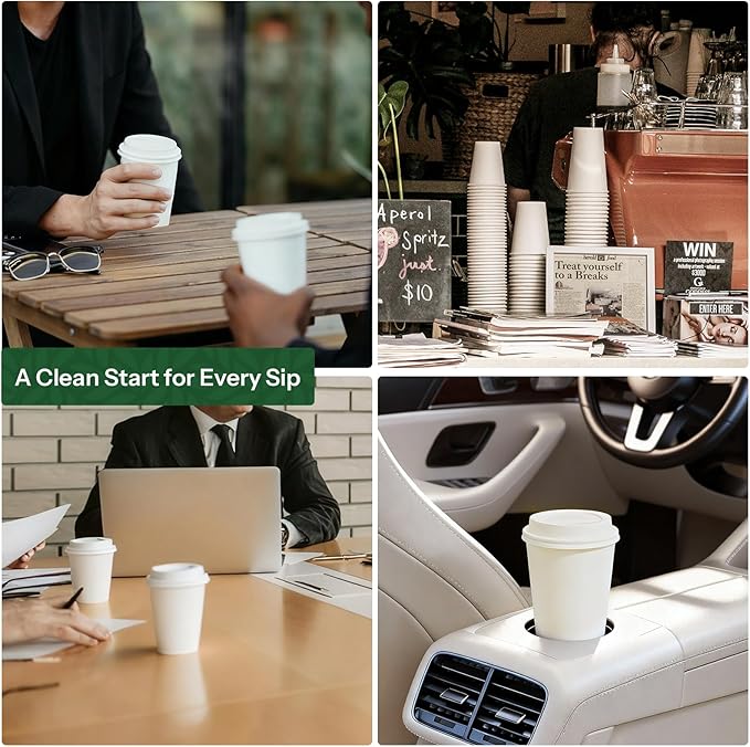 Disposable Coffee Cups with Lids 16 oz Paper Cups,100 Pack To Go Hot Cups with Lids, BPA Free Unbleached Thickened Leak Proof White Disposable Cups for Everyday Use Office Coffee Bar Supply Essentials