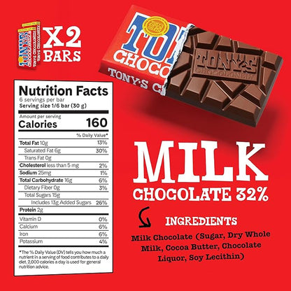Tony's Chocolonely - Top 3 Milk Chocolate Bundle - Belgium Chocolate Halloween Candy Bar, No Artificial Flavoring, Fairtrade & B Corp Certified - 6.35 Oz, 6 Bars