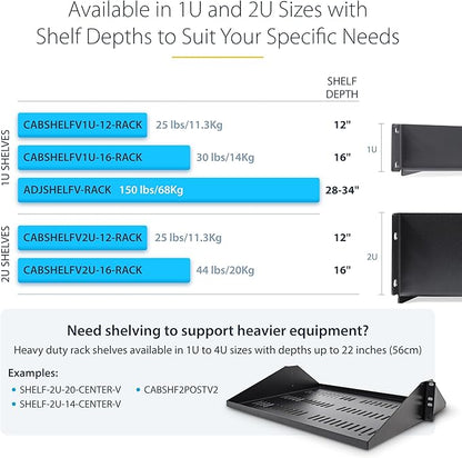 StarTech.com 1U 4-Post Server Rack Shelf, Vented, Adjustable Mounting Depth (28-34.4in/71.1-87.3cm), 150lb (68kg) Capacity