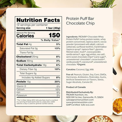 ProMix Nutrition Protein Puff Bars, 12-Pack - Chocolate Chip - Marshmallow Crispy Treat - Great Tasting & Healthy On The Go Snack - High Protein & Low Calorie - Non-GMO & Free From Gluten, Soy, & Corn