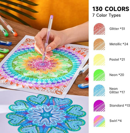 Shuttle Art Gel Pens, 130 Colors Gel Pen with 1 Coloring Book in Travel Case for Adults Coloring Books Drawing Crafts Scrapbooking Journaling