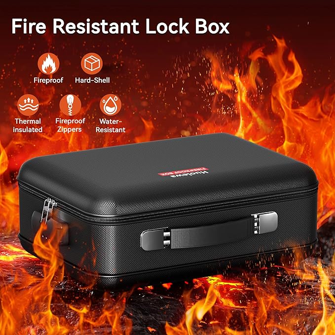 Fireproof Document Box, Hard Case Fireproof Box with Lock, Portable Hard-Shell Fireproof Water Resistant Document Safe for Important Documents, Laptops, Passports, Files and More