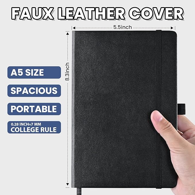 SUIN Lined Journal Notebook, Leather Hardcover Journal for Work, School, Travel, 100 GSM Paper, 160 Pages, 5.5x8.3 Inch, College Ruled, Black, 6-Pack
