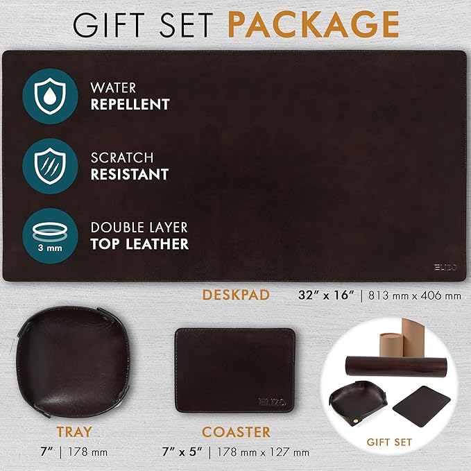 Elizo Leather Desk Mat Desk Pad Blotter Set - Real Full-Grain Leather (32x16) 2-Layer Genuine Desk Cover Protector & Large Mouse Pad, Computer Keyboard Desk Accessories for Office & Home