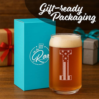 Monogram Beer Glasses for Men (A-Z) 16 oz - Beer Gifts for Men Brother Son Dad Neighbor - Unique Gifts for Him - Personalized Drinking Gift Beer Glass Mugs - Engraved Beer Can Glass (I)
