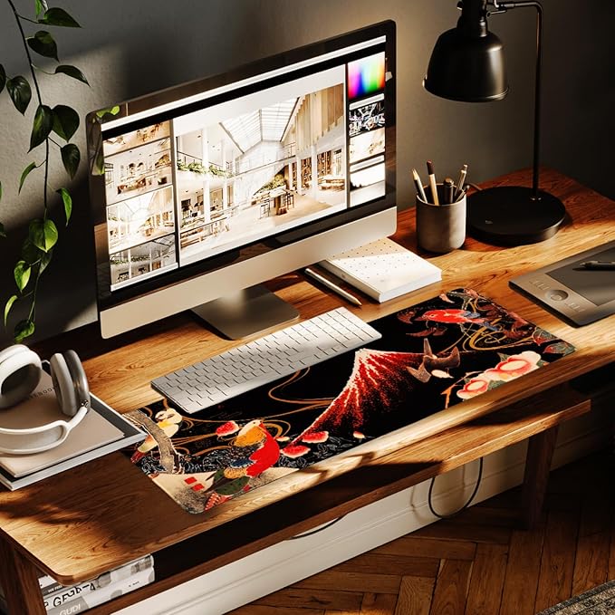 BELLEMOND Japanese Art Desk Mat | Large 31.5x11.8in Desk Pad | Mouse Pad for Keyboard & Mouse | Non-Slip Base, Water-Repellent, Smooth Precision | Crimson Wings Over Fuji