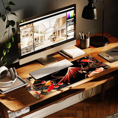 BELLEMOND Japanese Art Desk Mat | Large 31.5x11.8in Desk Pad | Mouse Pad for Keyboard & Mouse | Non-Slip Base, Water-Repellent, Smooth Precision | Crimson Wings Over Fuji