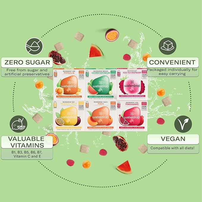 Waterdrop Hydration Cubes With Vitamin C, B Vitamins and Electrolytes, 6 Flavor Electrolyte Variety Pack, Flavored Water Enhancer Cubes for Still & Sparkling Water, Low Calorie, Sugar Free, 72 Count