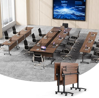 Conference Table, Foldable Conference Room Tables with Silent Wheels, Folding Modular Seminar Meeting Tables, Modern Rectangle Training Table for Office, Boardroom (2, Walnut, 70.8)