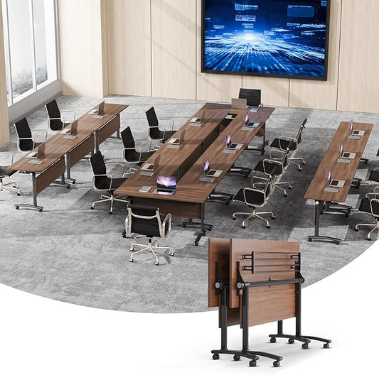 Conference Table, Foldable Conference Room Tables with Silent Wheels, Folding Modular Seminar Meeting Tables, Modern Rectangle Training Table for Office, Boardroom (2, Walnut, 47.2)
