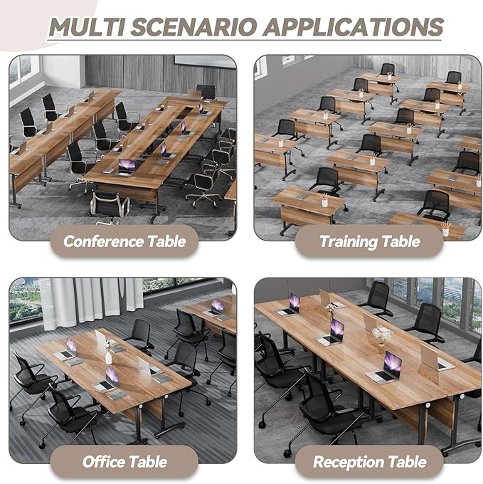 Conference Table, Foldable Conference Room Tables with Silent Wheels, Folding Modular Seminar Meeting Tables, Modern Rectangle Training Table for Office, Boardroom (6, Wood, 55.1)