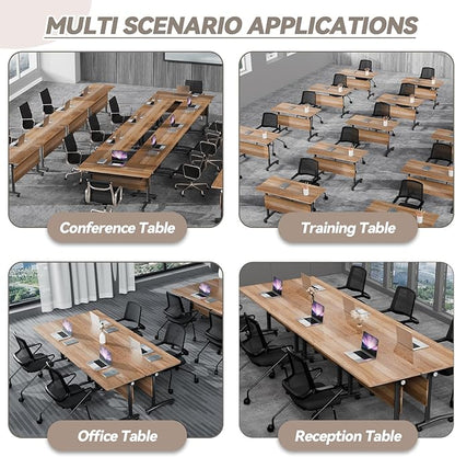 Conference Table, Foldable Conference Room Tables with Silent Wheels, Folding Modular Seminar Meeting Tables, Modern Rectangle Training Table for Office, Boardroom (6, Wood, 55.1)