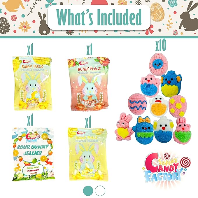 Easter Snack Brown Basket (50 Count) Filled with Treats, Candy, Peelable Gummies, Marshmallow Gummies, Bunny and More, Great Package for Family, Friends, Boys and Girls