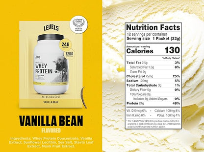 Levels Grass Fed Whey Protein Powder, No Artificials, 24G of Protein, Vanilla Bean, 12 Count
