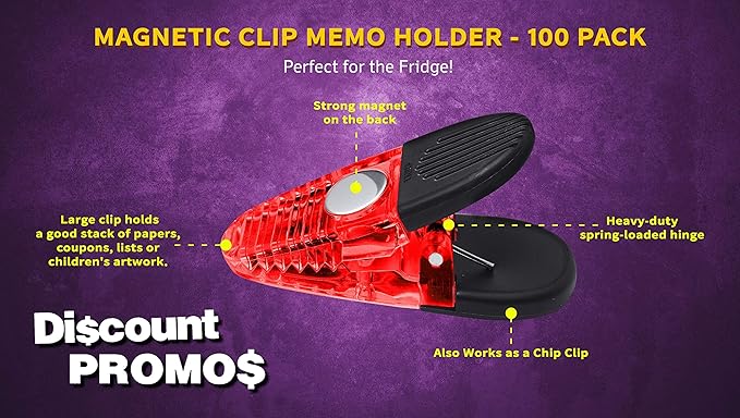 100 Magnetic Memo Holders Set - Customizable Text, Logo - Large Clip, Plastic - TRed