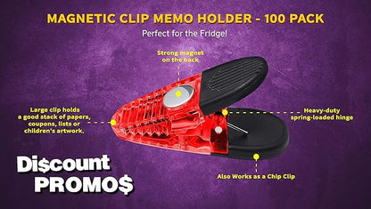 100 Magnetic Memo Holders Set - Customizable Text, Logo - Large Clip, Plastic - TRed