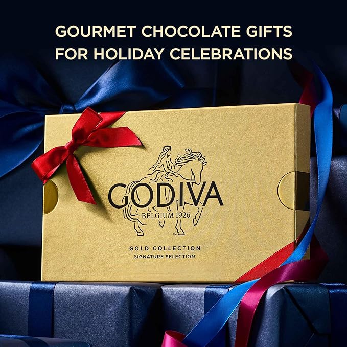 Godiva Red Bow Gold Dark Chocolate Gift Box, Belgian Dark Chocolates with Ganaches, Nuts & Caramels, Gourmet Holiday Gift, Non-GMO & Kosher, 15 Pc