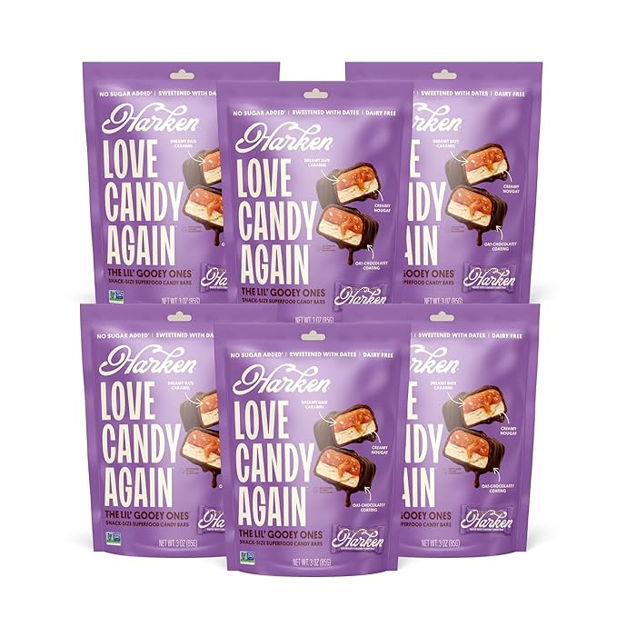 Harken Sweets The Lil’ Gooey Ones, Mini Oat Milk Chocolate Candy Bars with Date Caramel, Sweetened with Dates, No Sugar Added, High Fiber, Nut-Free, Gluten-Free, Plant-Based, 6 Pouches (30 Bars)