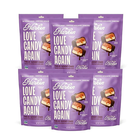Harken Sweets The Lil’ Gooey Ones, Mini Oat Milk Chocolate Candy Bars with Date Caramel, Sweetened with Dates, No Sugar Added, High Fiber, Nut-Free, Gluten-Free, Plant-Based, 6 Pouches (30 Bars)
