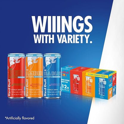 Red Bull Sugar-Free Energy Drink Variety Pack, Energy Drink, Red, Amber, & Sea Blue with 80mg Caffeine plus Taurine & B Vitamins, 8.4 Fl Oz, Pack of 12 Cans