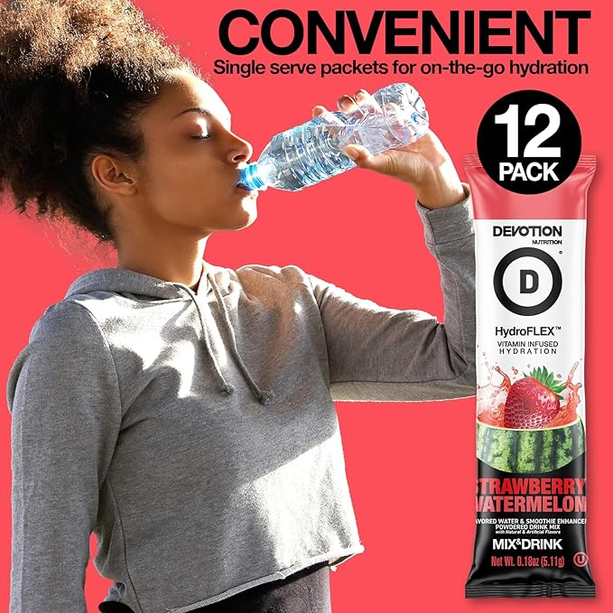 Devotion Nutrition HydroFLEX Water Flavoring Packets – Sugar-Free Hydration with Vitamins & Electrolytes – Dye-Free, Gluten-Free (Strawberry Watermelon) 12-Pack Drink Mix