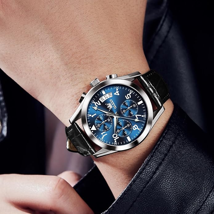 OLEVS Men's Chronograph Leather Watch, Big Face Easy to Read Analog Quartz Dress Watch, Casual Waterproof Luminous Hands Date Watches for Men, White/Blue/Black/Gold Dial