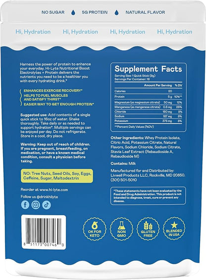 Hi-Lyte Electrolytes + Protein Quick Sticks Raspberry Lemon, 16 Servings - Sodium, Potassium, Whey Protein - Keto Friendly - 5g Protein, No Sugar